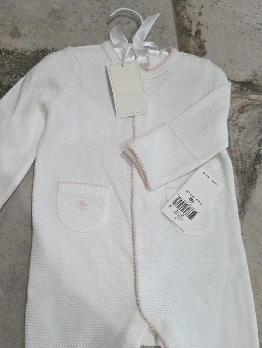 NWT 3M $85 Ralph Lauren White Baby Footed One-Piece with Pale Pink Trim